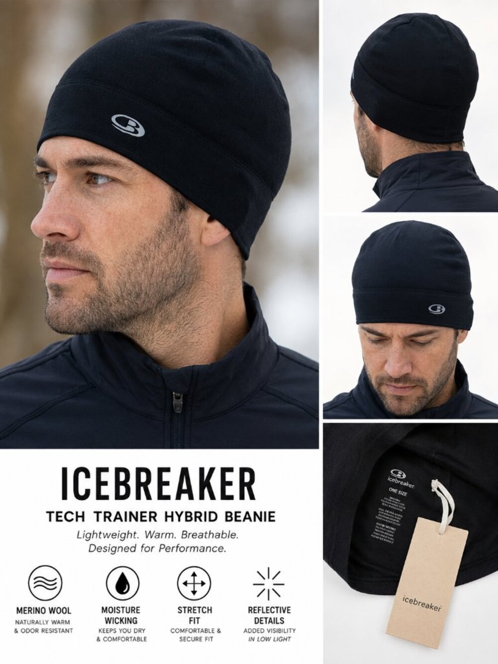 Icebreaker Tech Trainer Hybrid Beanie - Merino Wool - Black - NWT
